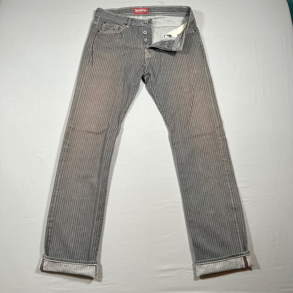 Stronghold Mens Hickory Stripe Selvedge Denim Jeans 30x33 Gray White Made in USA